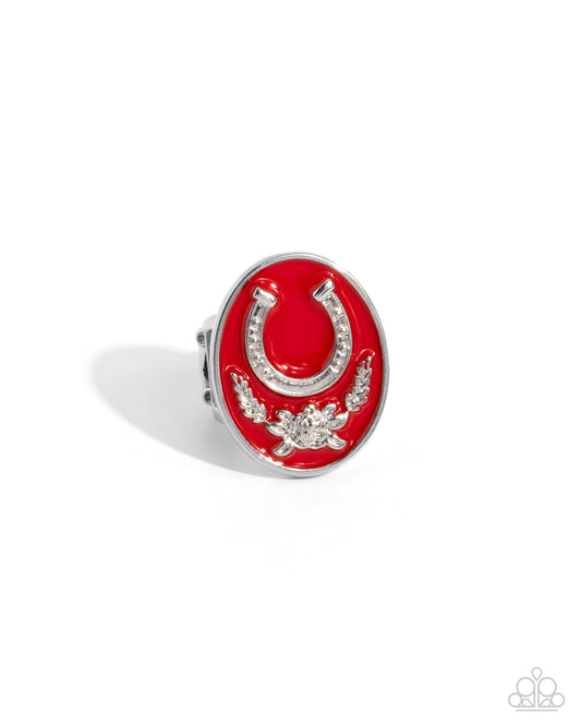 Santa Fe Stallion - Red Scarlet Smile Painted Silver & Horseshoe Ring Paparazzi R0932