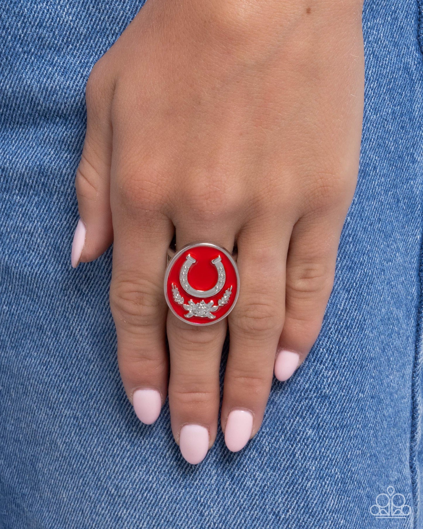 Santa Fe Stallion - Red Scarlet Smile Painted Silver & Horseshoe Ring Paparazzi R0932