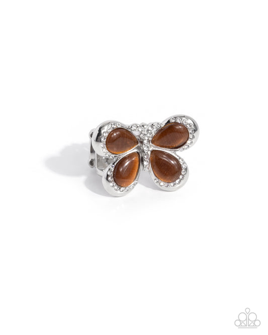 Aerial Anniversary - Brown Cat's Eye Stone White Rhinestone Butterfly Ring Paparazzi R1185