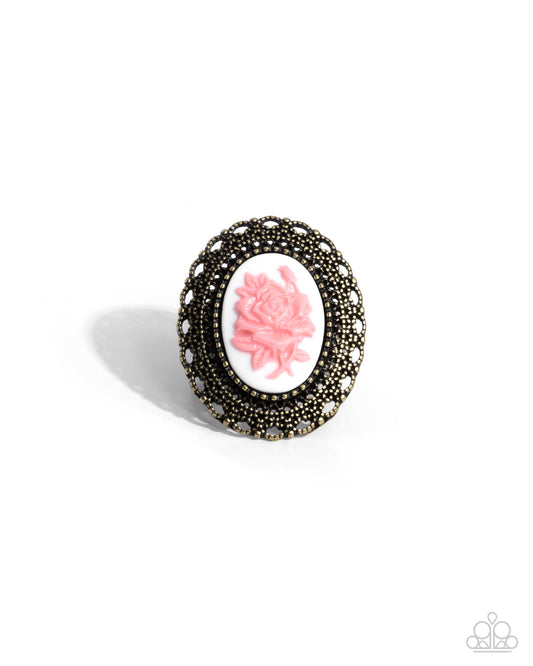 Blooming Brooch - Brass & Pink Acrylic Rose Statement Ring Paparazzi R1037