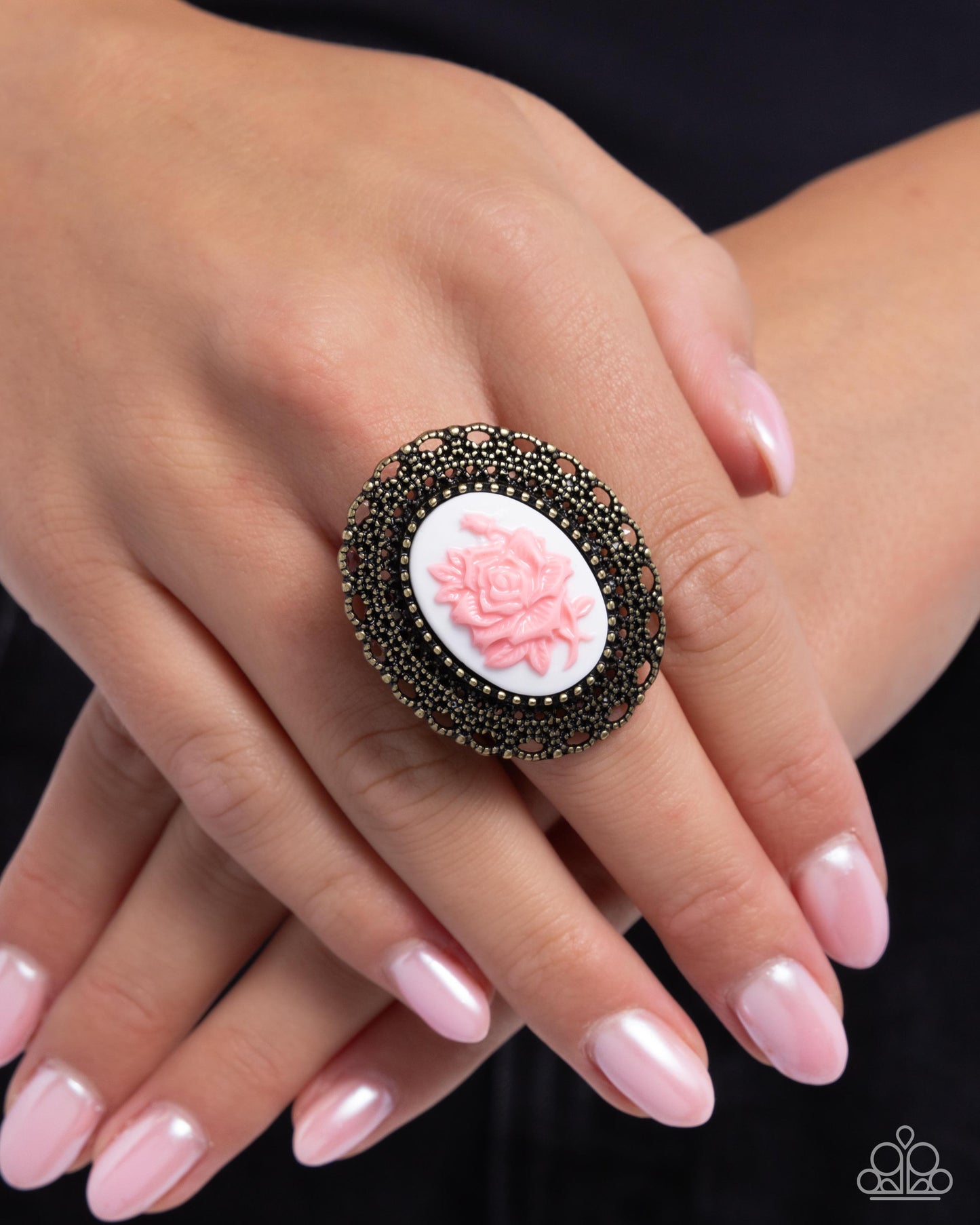 Blooming Brooch - Brass & Pink Acrylic Rose Statement Ring Paparazzi R1037