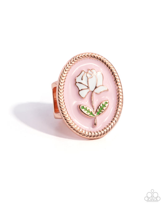 Delicate Dowry - Copper - Shiny Copper, Light Pink Painted Background Rose Ring R0863