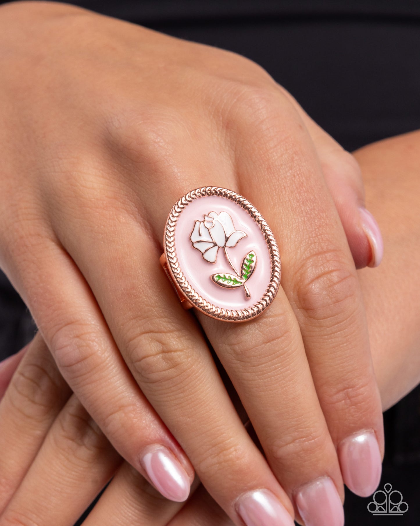 Delicate Dowry - Copper - Shiny Copper, Light Pink Painted Background Rose Ring R0863
