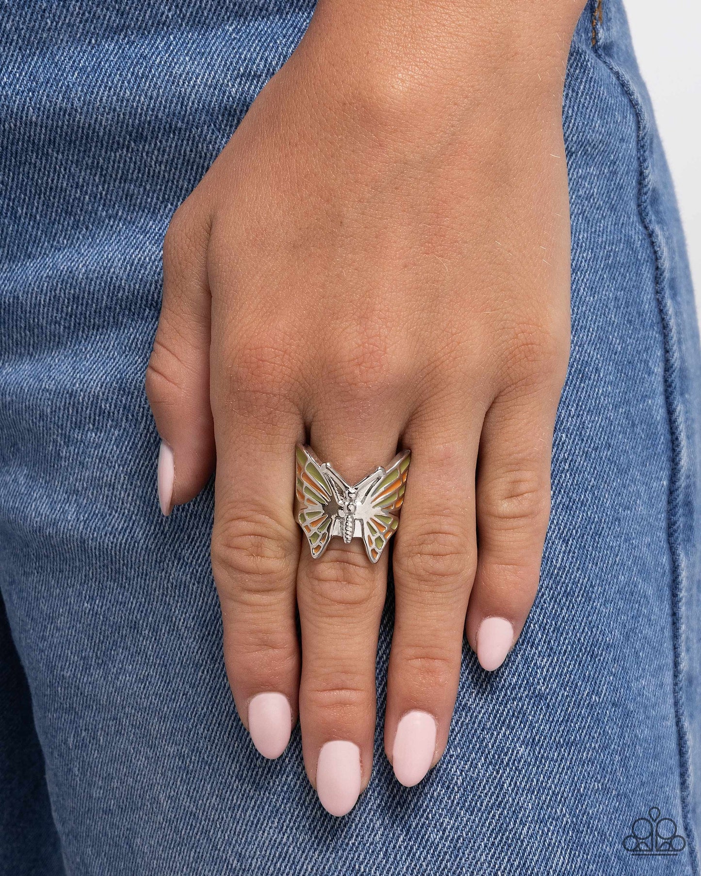 Butterfly Broadcast - Green & Light Peach Butterfly Ring Paparazzi R0916