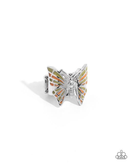 Butterfly Broadcast - Green & Light Peach Butterfly Ring Paparazzi R0916