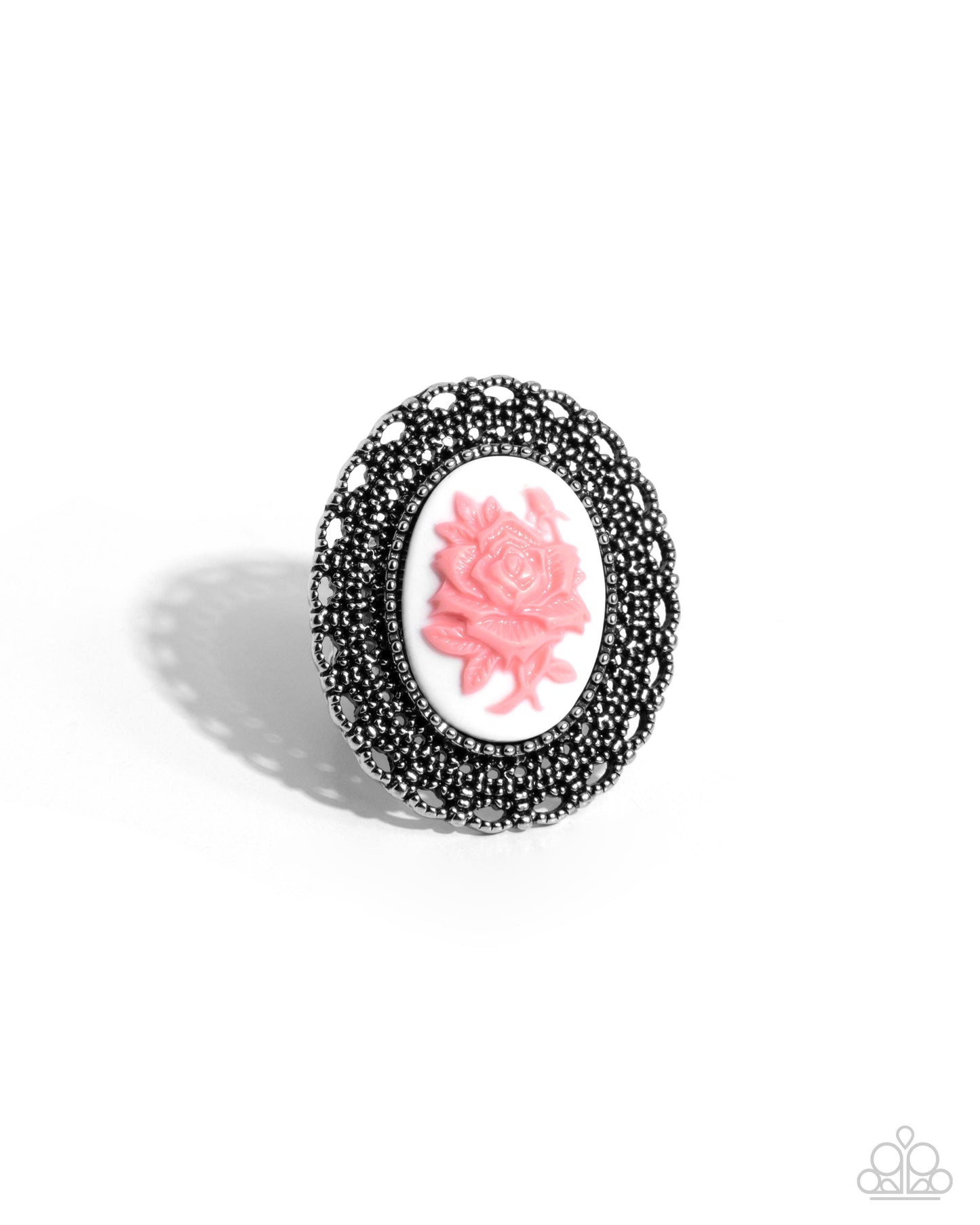 Blooming Brooch - Pink Rose, Silver Filigree White Cameo Style Ring Paparazzi R0855