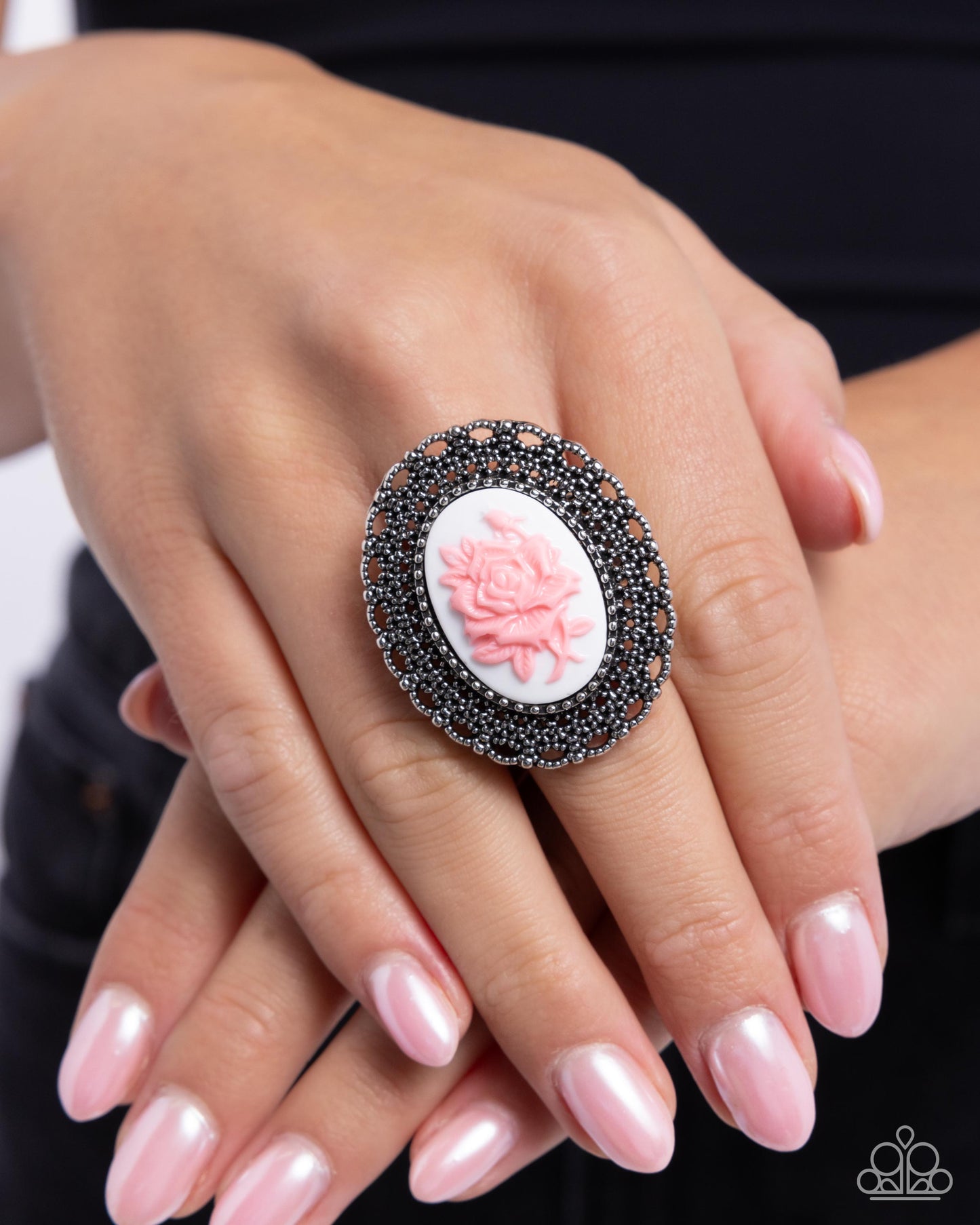 Blooming Brooch - Pink Rose, Silver Filigree White Cameo Style Ring Paparazzi R0855