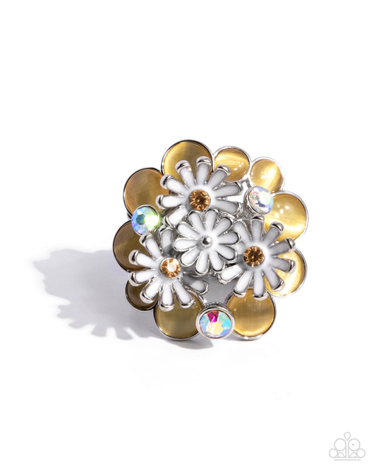 Boisterous Bouquet - Yellow Cat's Eye Stone & White Iridescent Rhinestone Daisy Flower Ring Paparazzi R0888