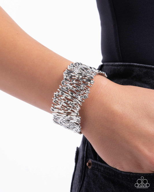 Settle the Score - Silver Wood Grain Style Stretch Bracelet Paparazzi B2381