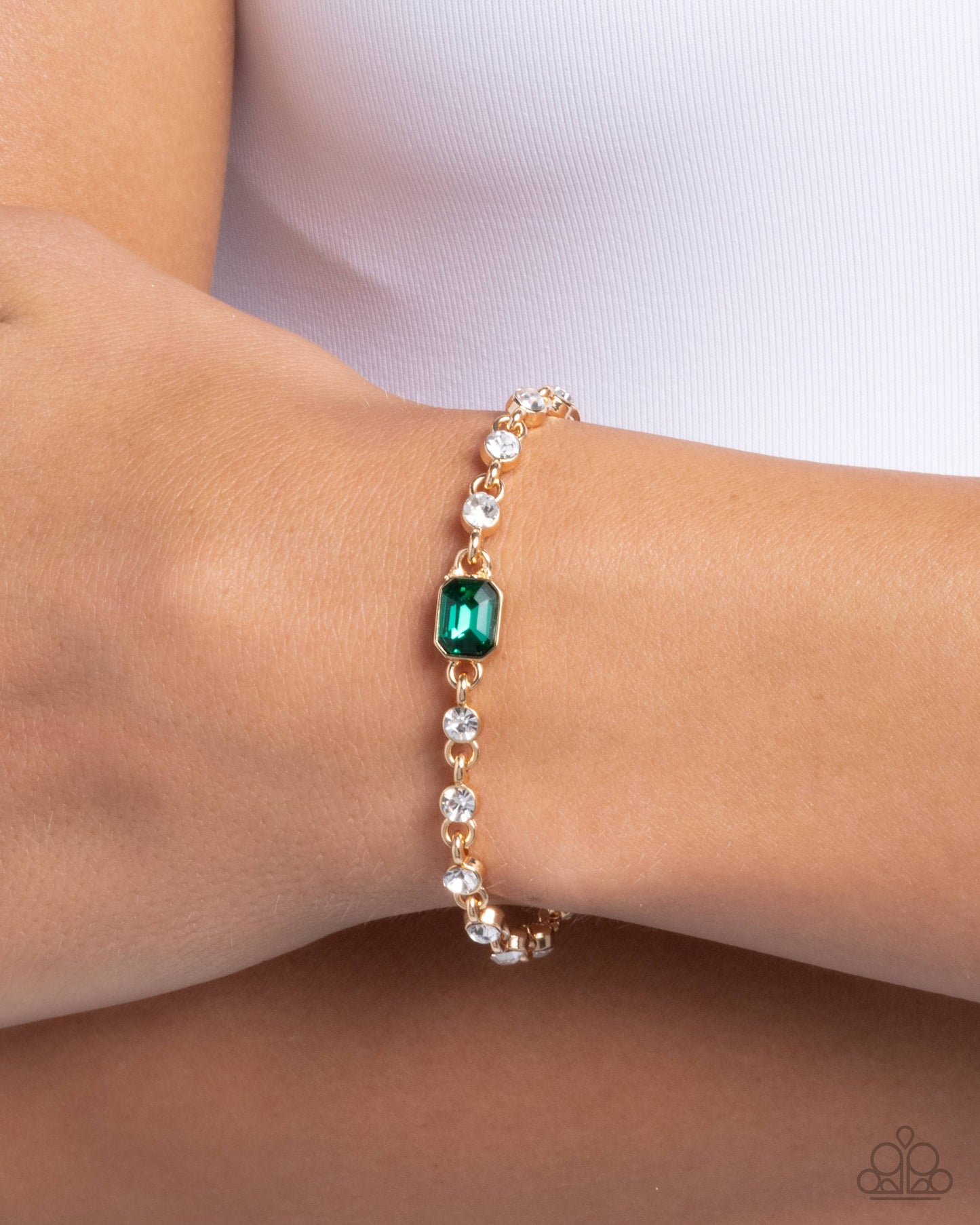 Fitted Fidelity - Green Emerald & White Gem Gold Bracelet Paparazzi B1878