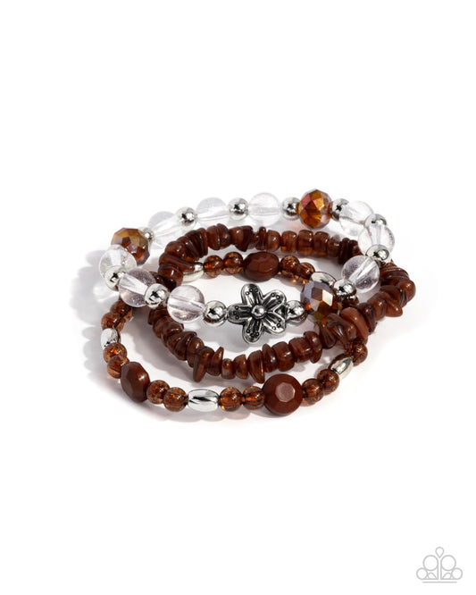 Spellbound Stack - Brown Topaz, Clear With Silver Glitter, Silver Floral Bead Set of 3 Stretch Bracelets Paparazzi B1894