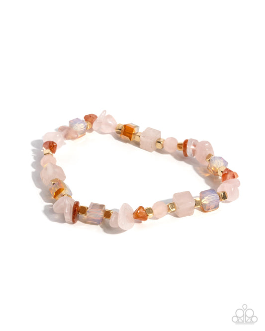 Magical Motley - Pink, Light Pink, Rose Quartz, Orange Stone, & Gold Cube Stretch Bracelet Paparazzi B1937