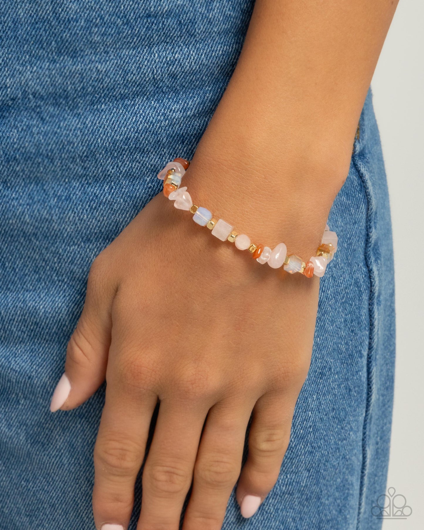 Magical Motley - Pink, Light Pink, Rose Quartz, Orange Stone, & Gold Cube Stretch Bracelet Paparazzi B1937