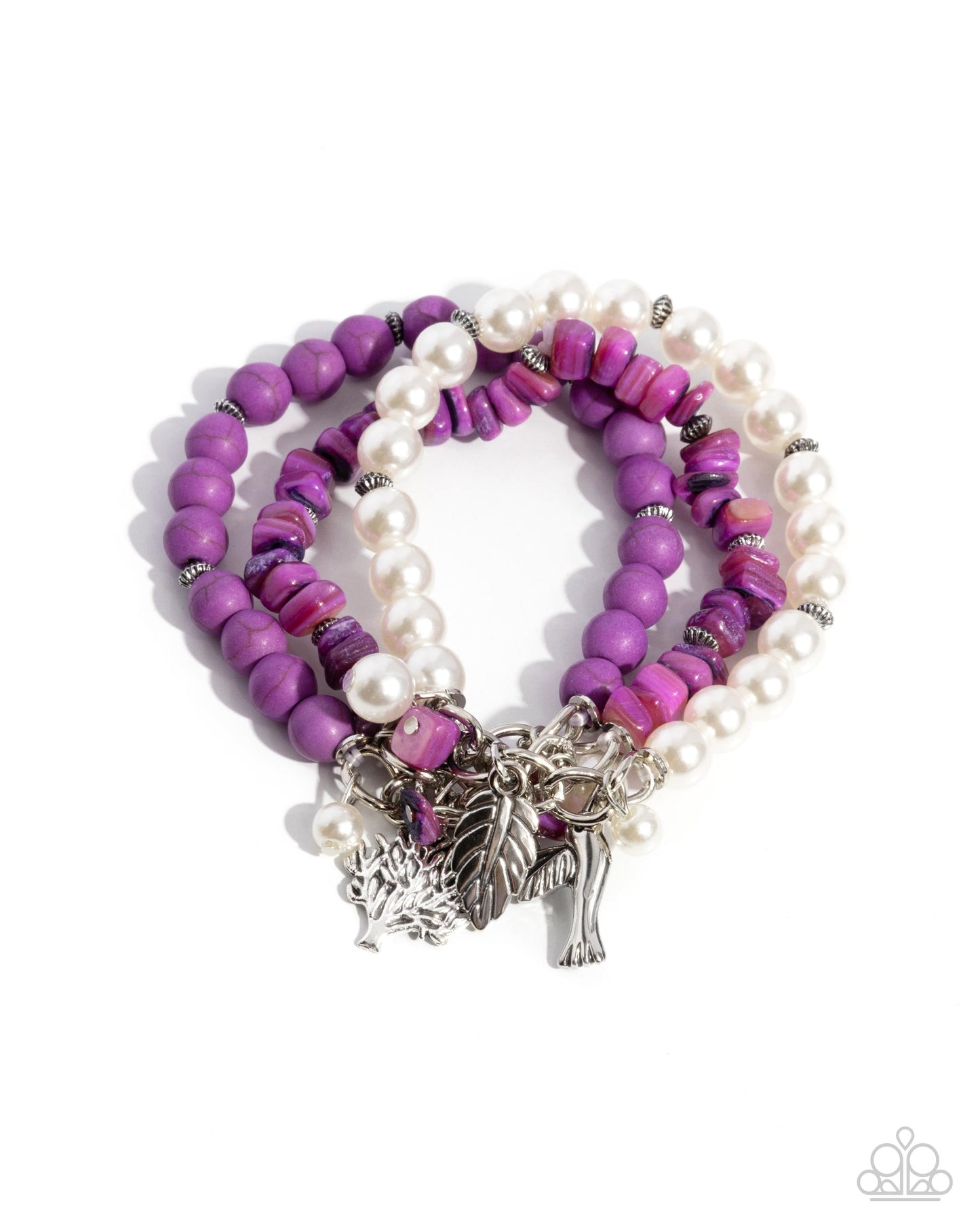Canyonland Color - Purple Stone Bead, White Pearl, Bird, Leaf, Tree Charm Stretch Bracelet Paparazzi B1916
