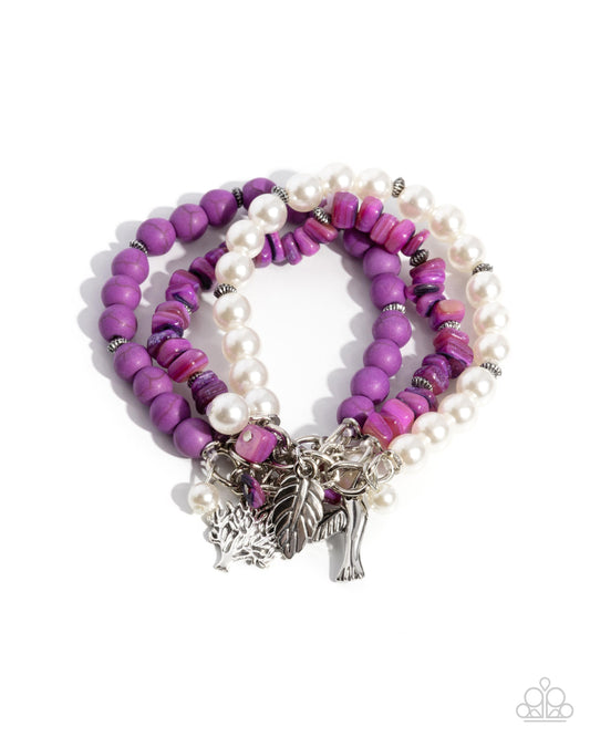 Canyonland Color - Purple Stone Bead, White Pearl, Bird, Leaf, Tree Charm Stretch Bracelet Paparazzi B1916