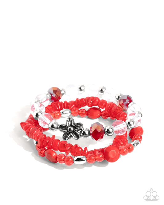 Spellbound Stack - Red, Scarlet Smile, Silver, Floral Bead Stretch Bracelets Set of 3 Paparazzi B2010