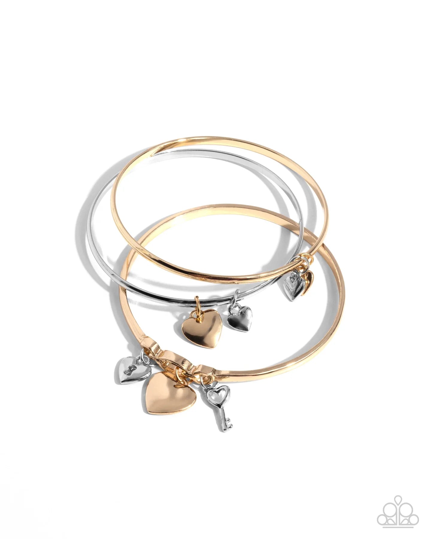 Paparazzi Sealed Sweetheart - Multi Silver Gold Heart Lock Key Charm Set Of 3 Bangle Bracelets B2571