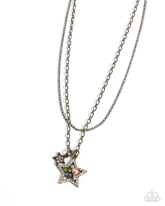 Stackable Stars - Brass, White, Multicolored & Iridescent Rhinestone Star Necklace Paparazzi N3137