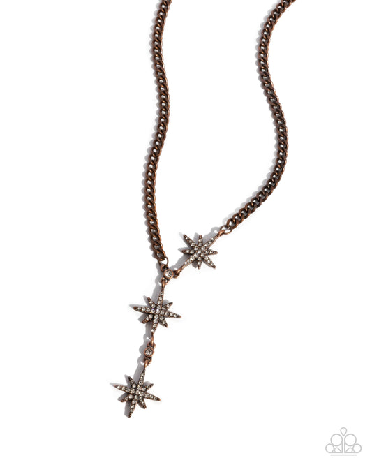 Stellar Story - Copper White Rhinestone Star Y Shaped Necklace Paparazzi N3199