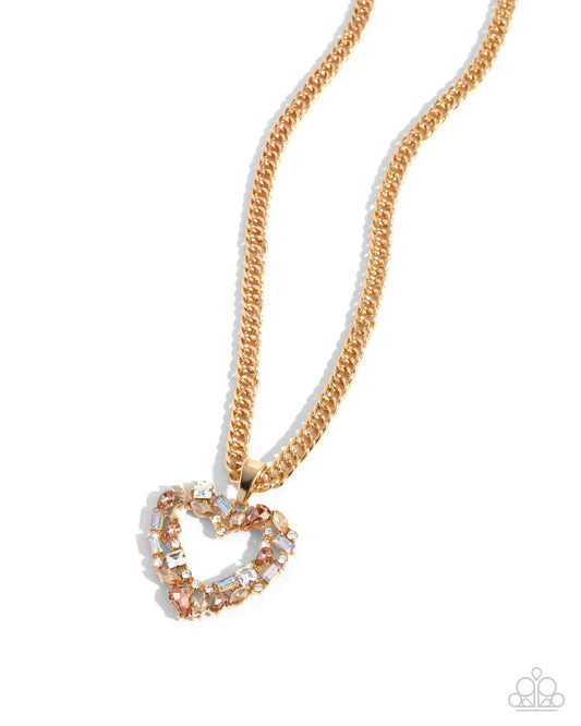 Romance is a Bonus - Gold, Multicolored Iridescent & White Gem Heart Necklace Paparazzi N2992