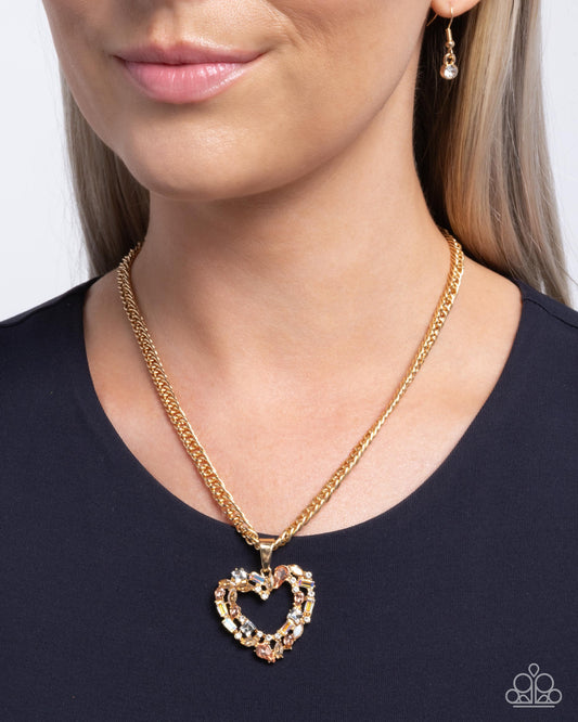 Romance is a Bonus - Gold, Multicolored Iridescent & White Gem Heart Necklace Paparazzi N2992