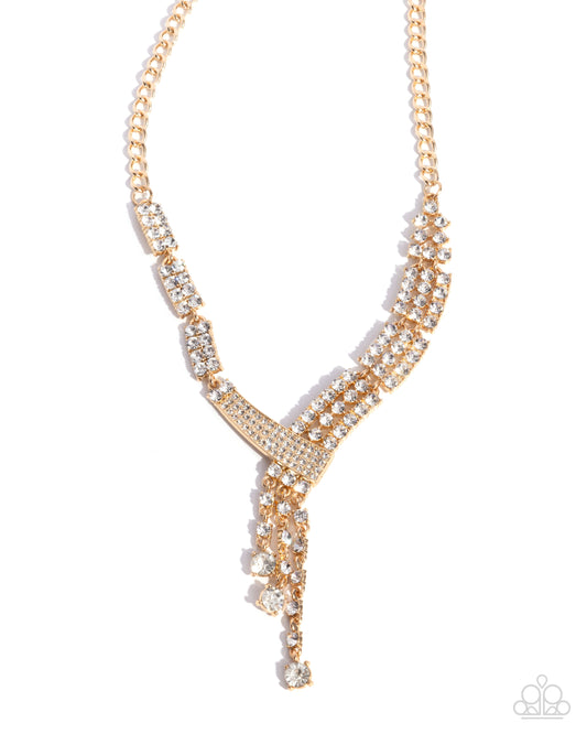 Paparazzi Diagonal Dazzle - Gold & White Rhinestone Y Necklace