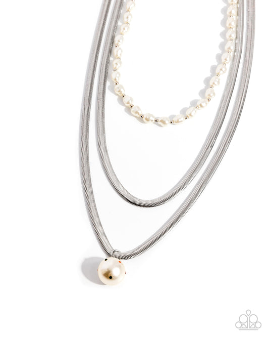 Flourishing Finale - Multi White Pearl, Silver Snake Chains Layered Necklace Paparazzi N3384