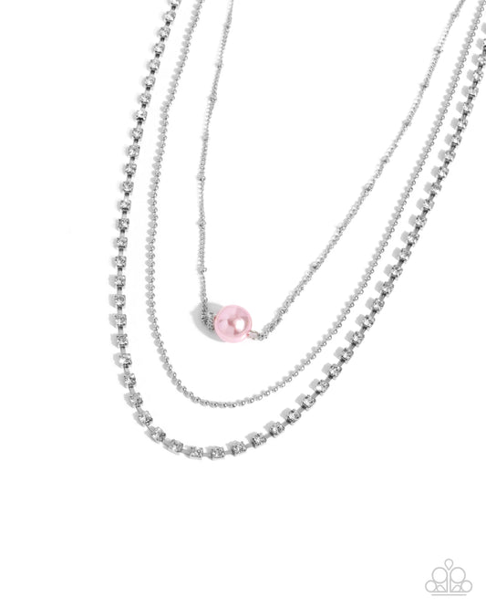 Paparazzi Symmetrical Shimmer - Pink - Baby Pink Pearl, White Rhinestone Silver Layered Chain Necklace N3739