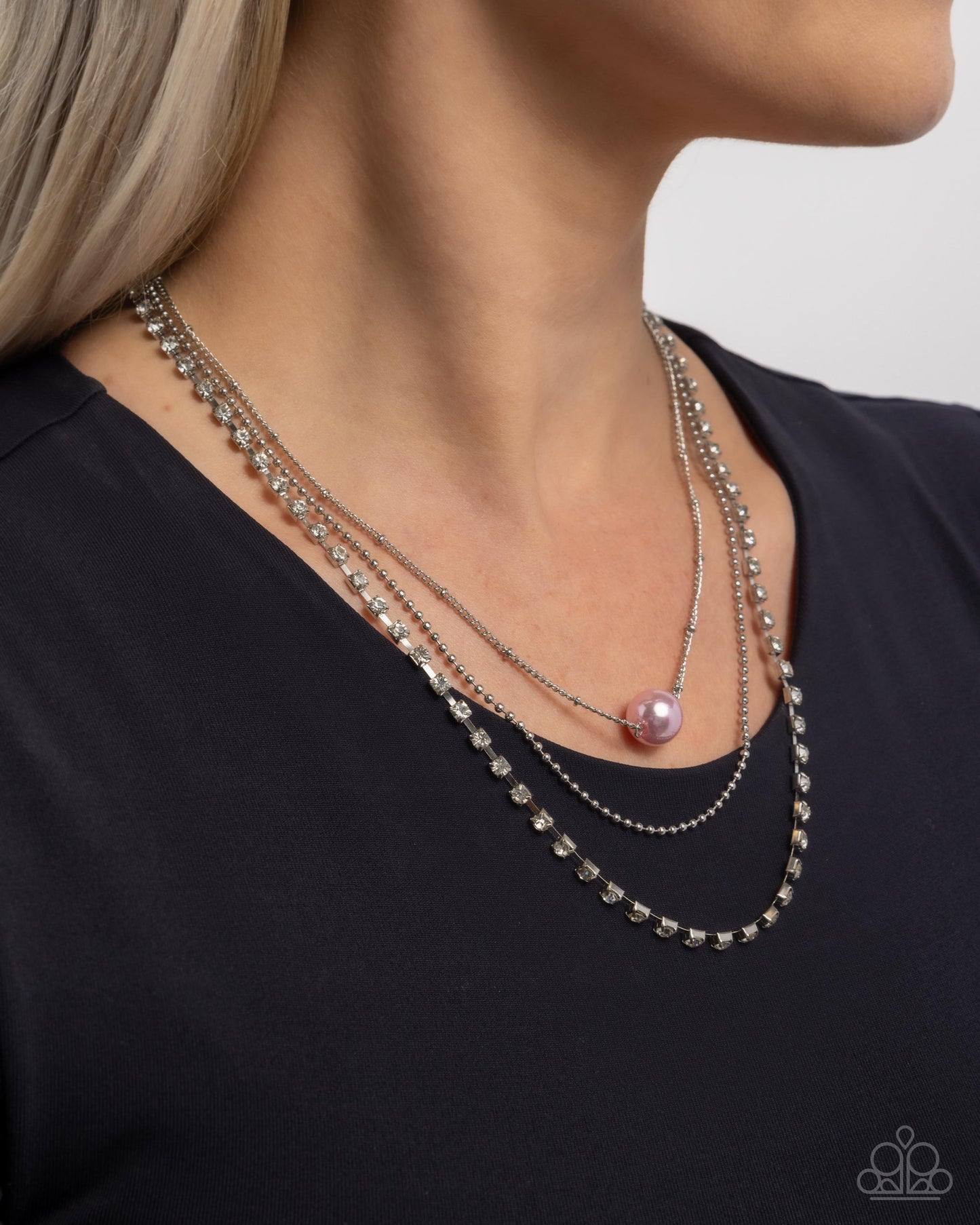 Symmetrical Shimmer - Pink - Baby Pink Pearl, White Rhinestone Silver Layered Chain Necklace Paparazzi