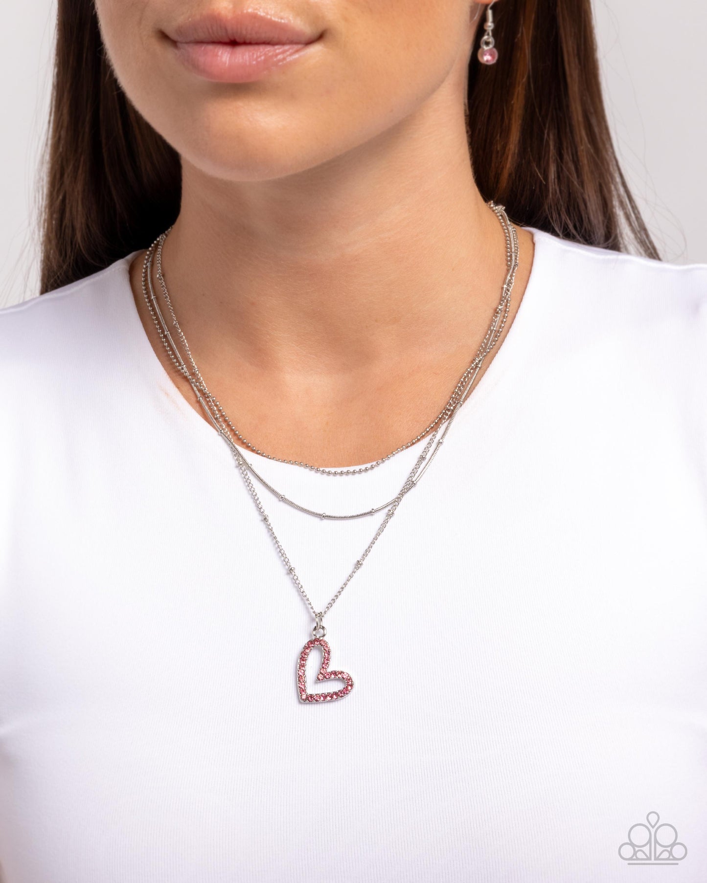 Valentines Day Decadence Pink Rose Rhinestone Heart Layered Chain Necklace Paparazzi N1063
