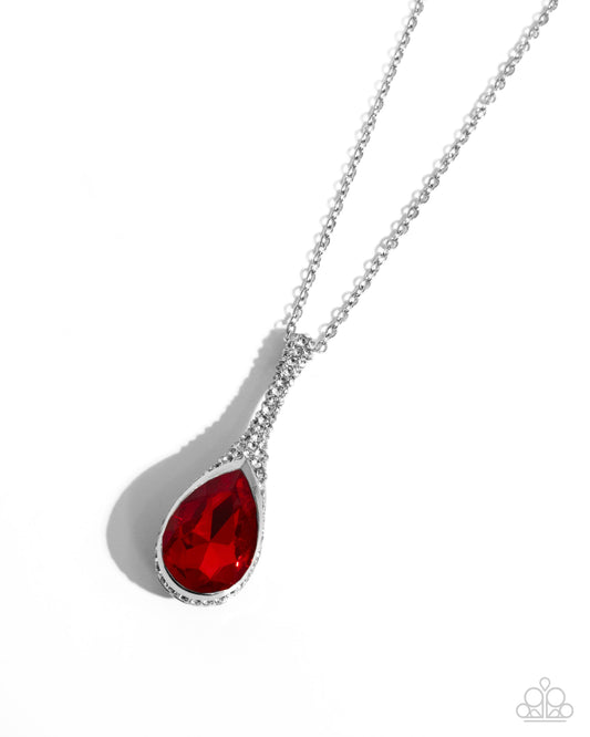 Rosy Revival - Red Oversized Teardrop Gem & White Rhinestone Necklace Paparazzi N3211