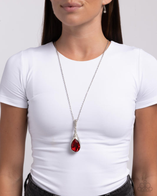 Rosy Revival - Red Oversized Teardrop Gem & White Rhinestone Necklace Paparazzi N3211