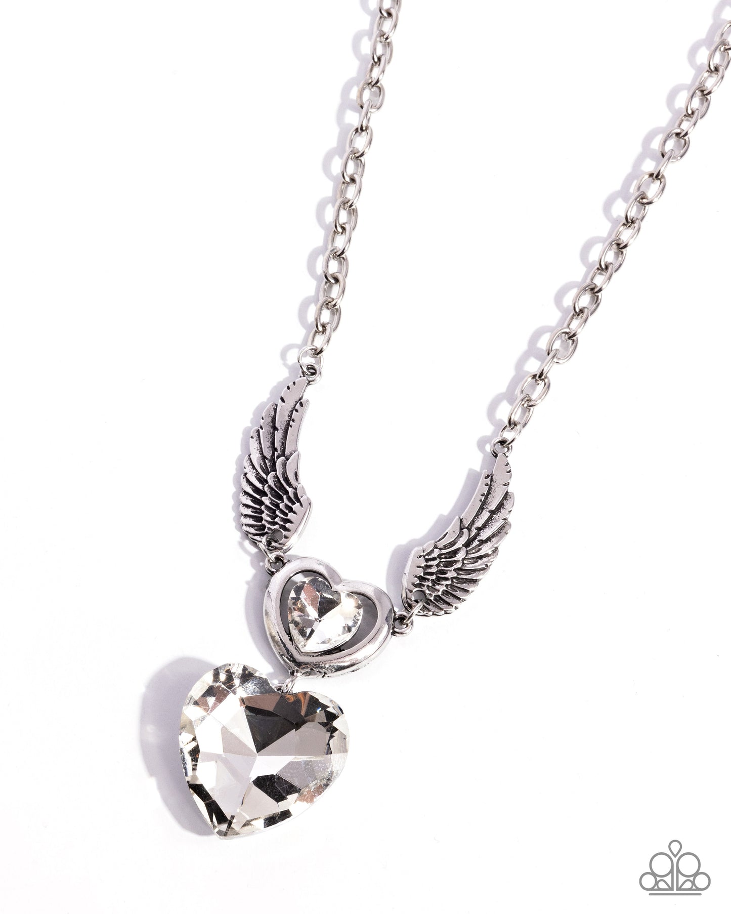 Customer Satisfaction - White Heart Gem Silver Angel Wing Necklace Paparazzi N2886