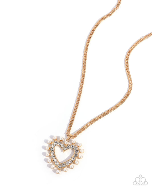 Perfectly Prim - Gold, White Rhinestone Heart Necklace Paparazzi N2617