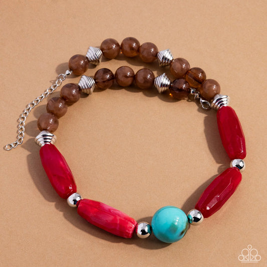 Paparazzi Sneaky Swirls - Multi Turquoise Stone, Red Swirled Bead, Brown Raw Umber Bead Silver Necklace N3655
