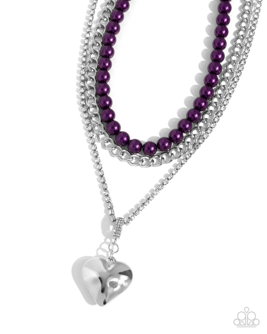 Easy Elevation - Purple Plum Pearls, White Rhinestone & Silver Heart Necklace Paparazzi N2607