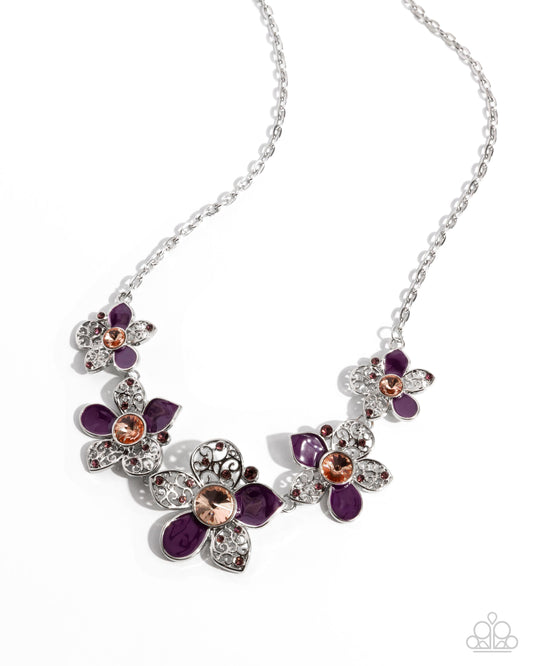 Paparazzi April Showers Bring Flowers - Purple, Light Peach Gem & Light Amethyst Rhinestone Flower Necklace N0896