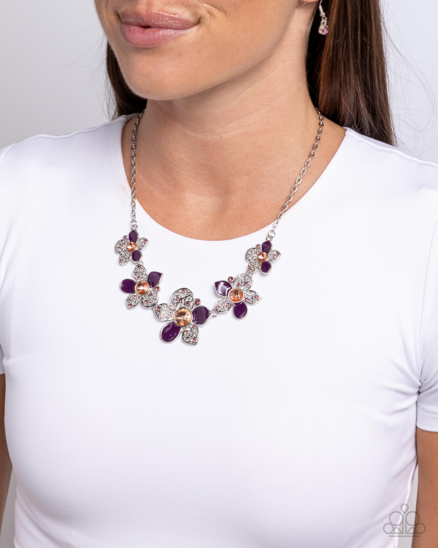 April Showers Bring Flowers - Purple, Light Peach Gem & Light Amethyst Rhinestone Flower Necklace Paparazzi N0896