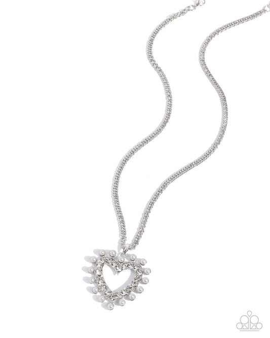 Perfectly Prim - White Pearl Silver Heart Necklace Paparazzi N2849