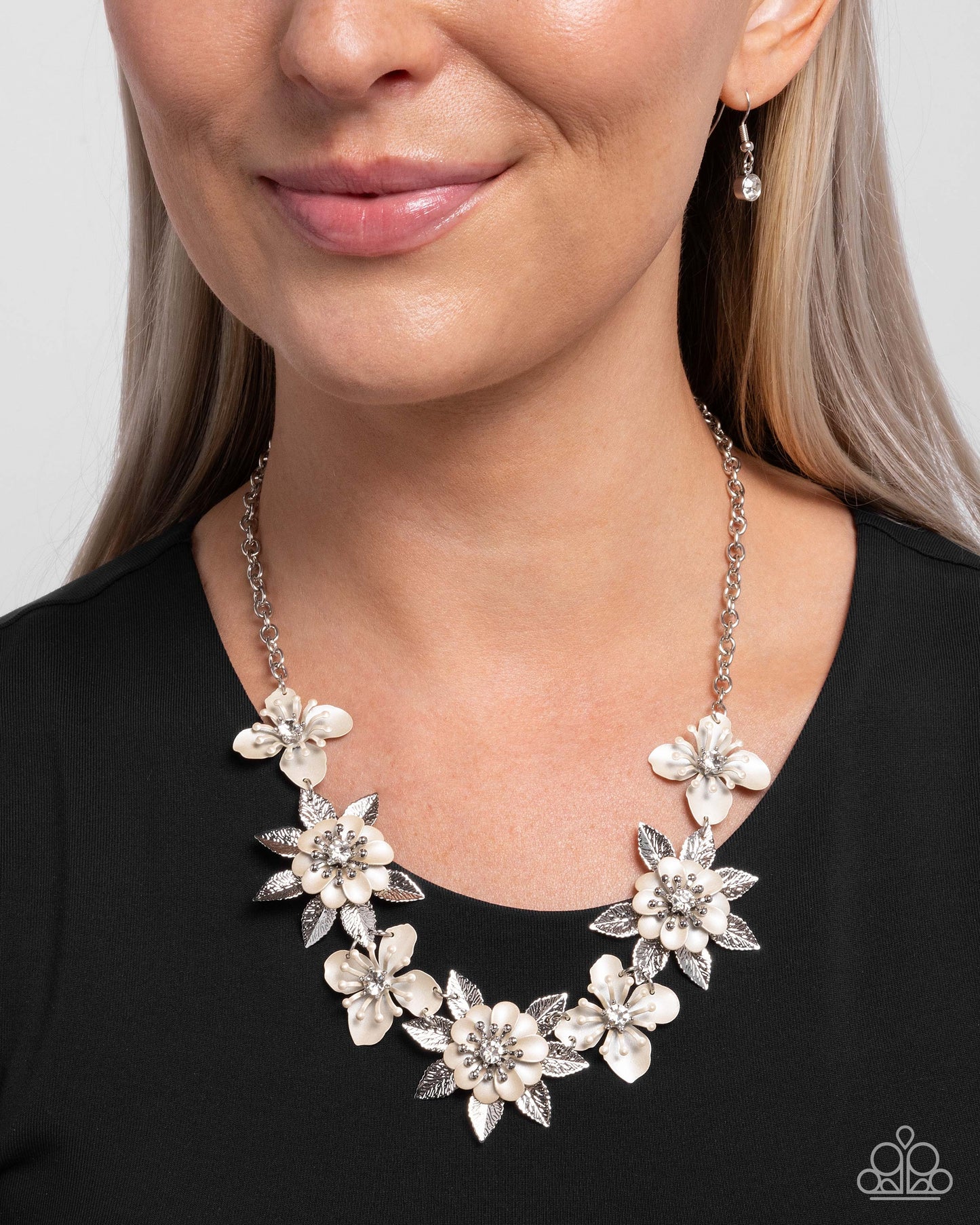 Springtime Song - White Rhinestone & Pearlescent Painted Flower Necklace Paparazzi N2845