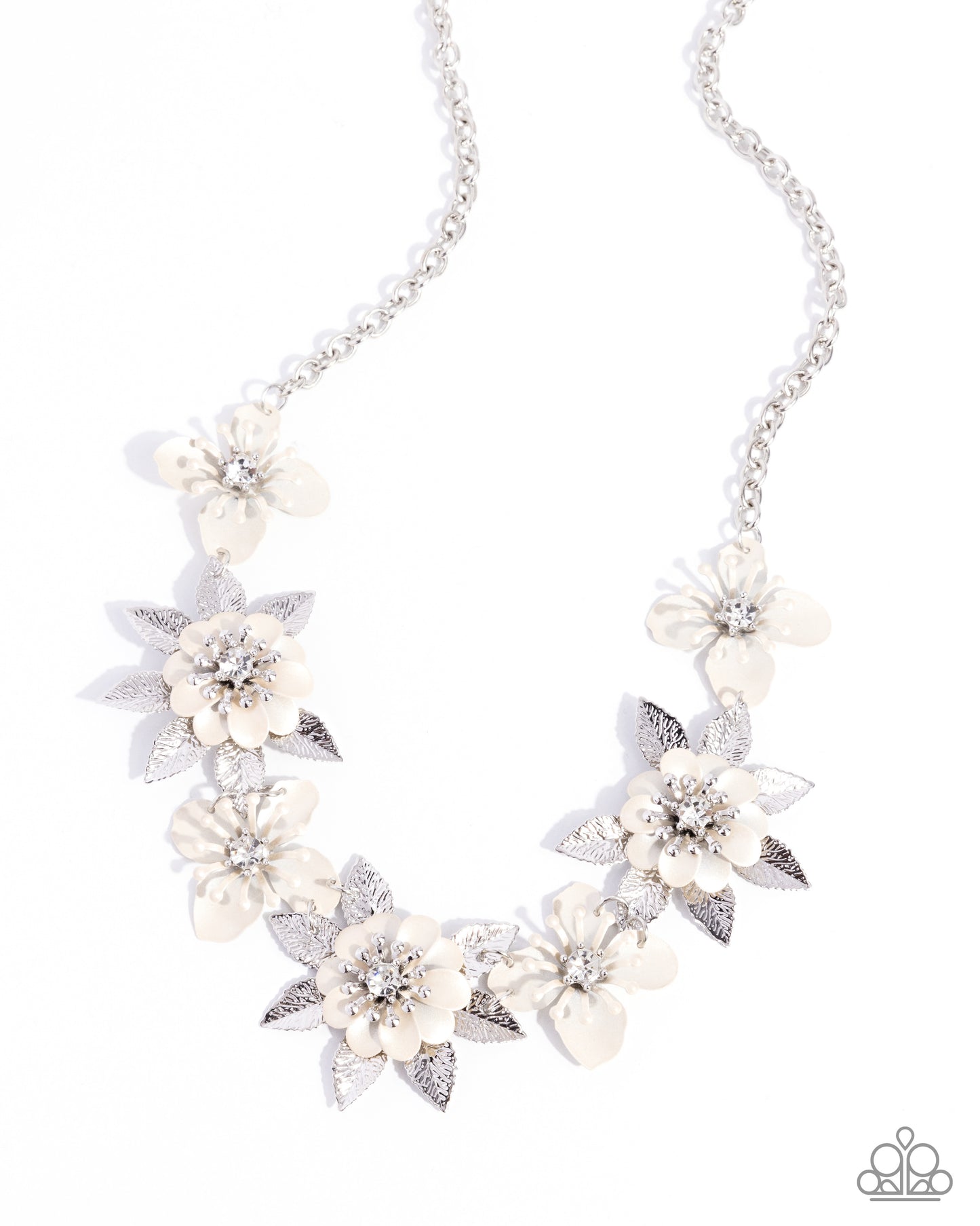Springtime Song - White Rhinestone & Pearlescent Painted Flower Necklace Paparazzi N2845
