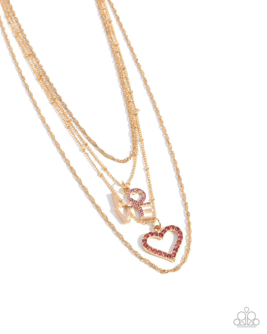 Courting Caliber - Gold & Light Rose Rhinestone Layered Chain "LOVE" Inspirational Necklace Paparazzi N3395