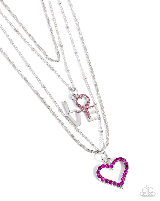 Courting Caliber - Pink Light Rose & Fuchsia Rhinestone Heart "Love" Necklace Paparazzi N2889