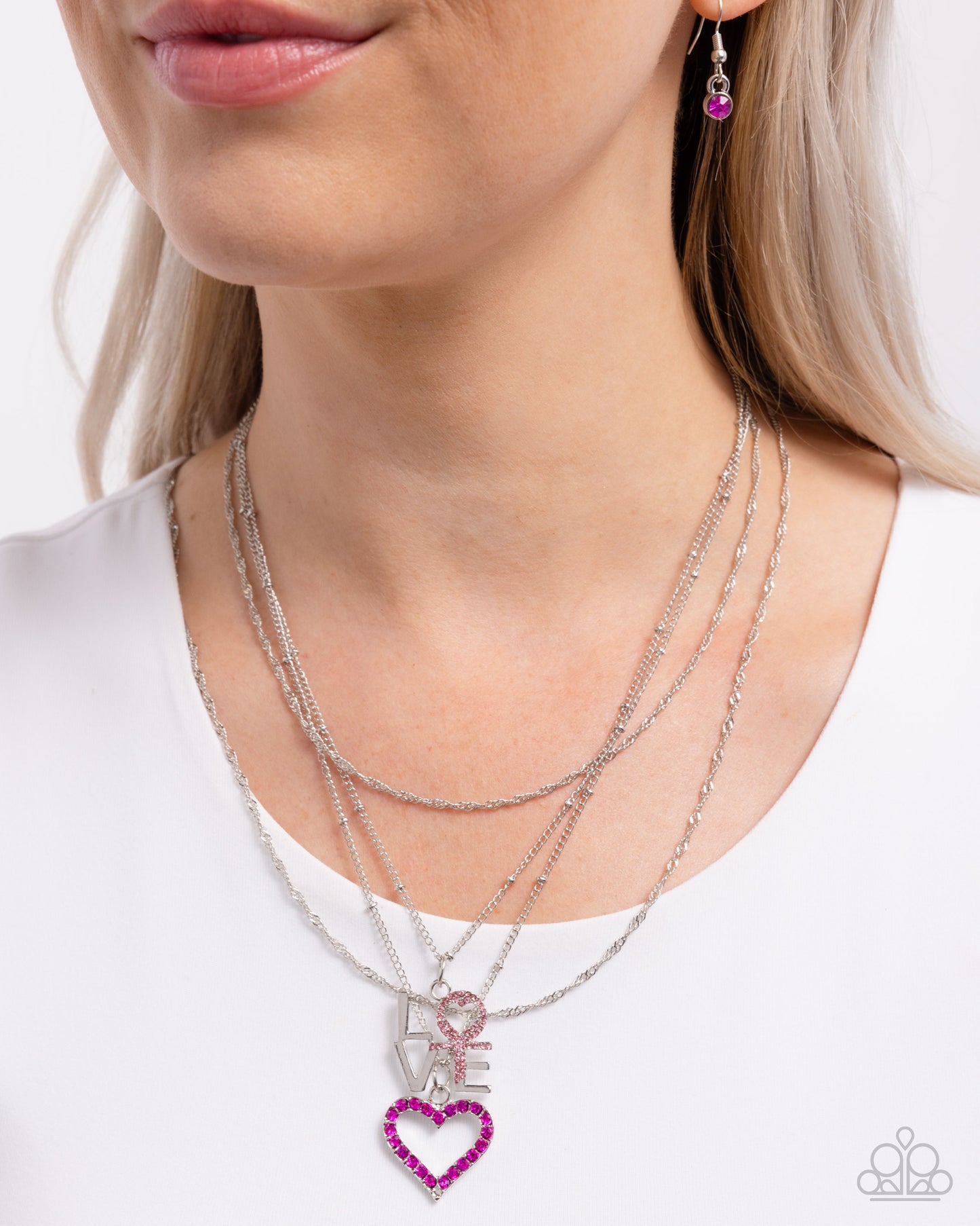 Courting Caliber - Pink Light Rose & Fuchsia Rhinestone Heart "Love" Necklace Paparazzi N2889