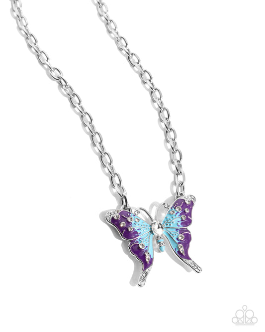 Soft Landing - Multi Blue, Purple Painted Silver Butterfly Necklace Paparazzi N3112