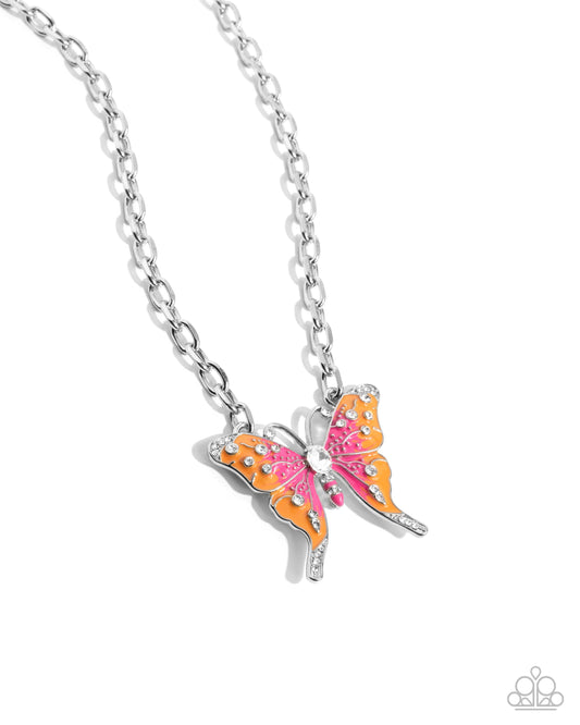 Soft Landing - Orange & Pink Painted Wings Oversized Butterfly Necklace Paparazzi N3291