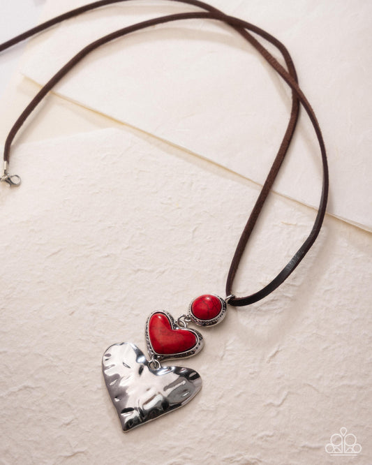 Romantic Refuel - Red Stone & Silver Heart Long Necklace Santa Fe Style Paparazzi N3540
