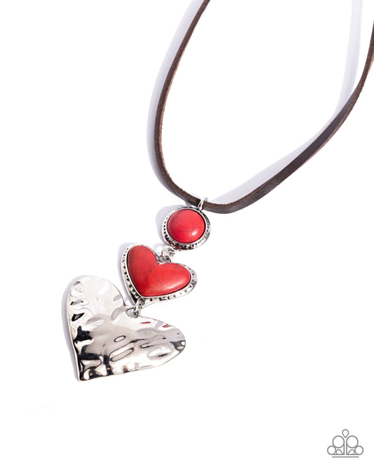 Romantic Refuel - Red Stone & Silver Heart Long Necklace Santa Fe Style Paparazzi N3540