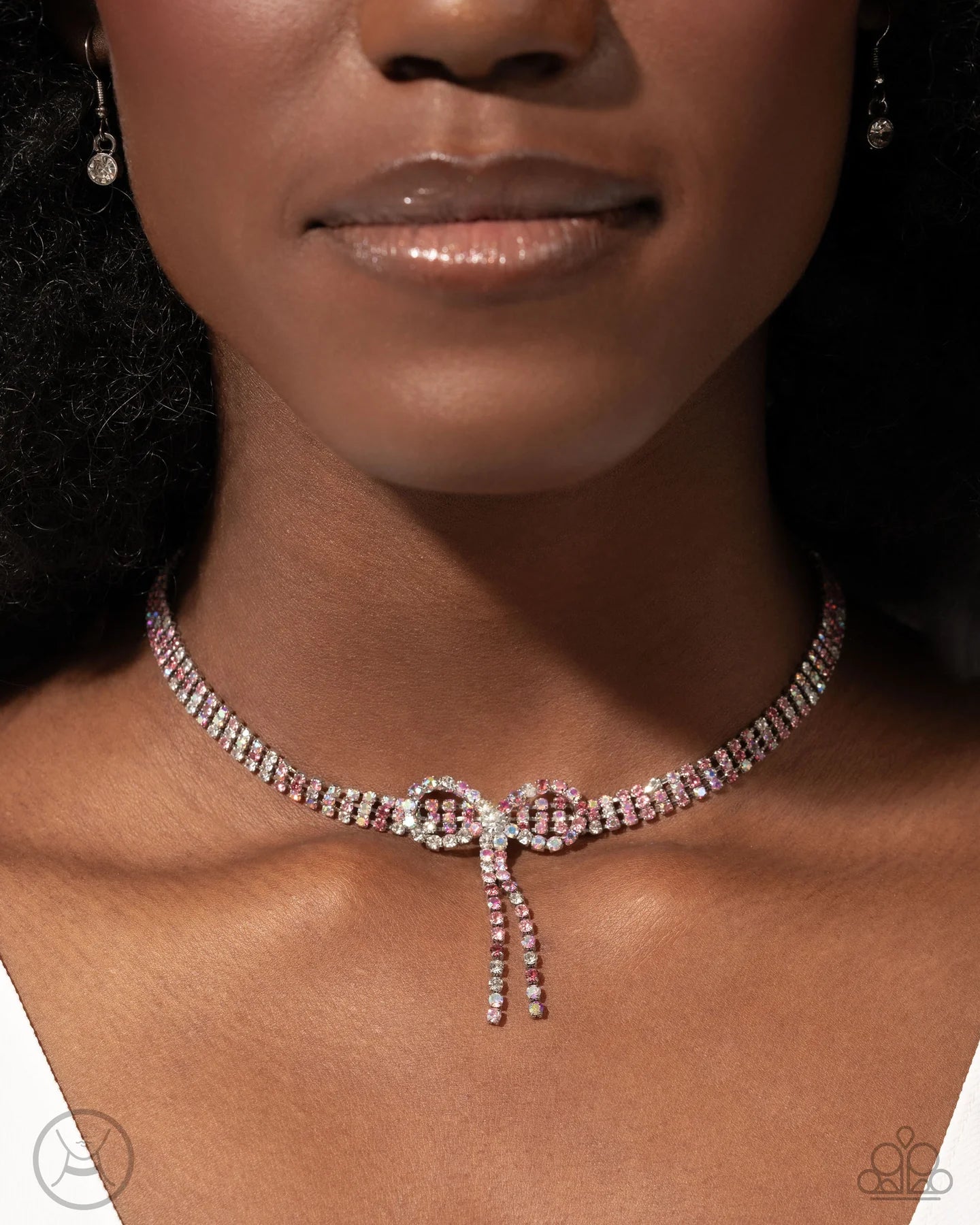 Buckingham Bow - Pink Iridescent Rhinestone Short Necklace February 2025 Life of the Party Paparazzi