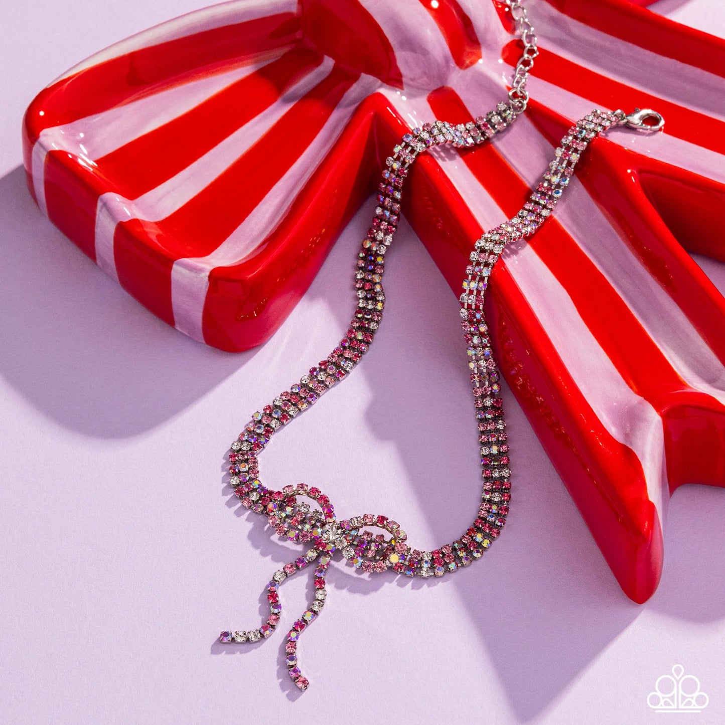 Buckingham Bow - Pink Iridescent Rhinestone Short Necklace February 2025 Life of the Party Paparazzi